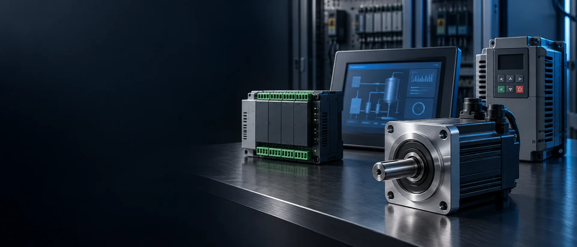 PLC, HMI panel, motor sürücüsü ve servo motor kompozisyonu