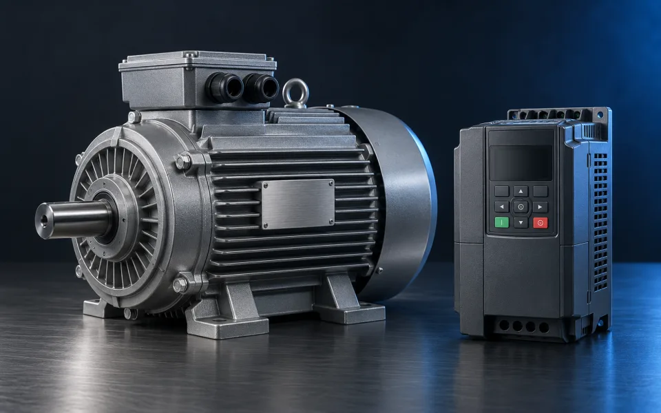 Endüstriyel motor sürücüsünü gösteren inverter seçim rehberi görseli.